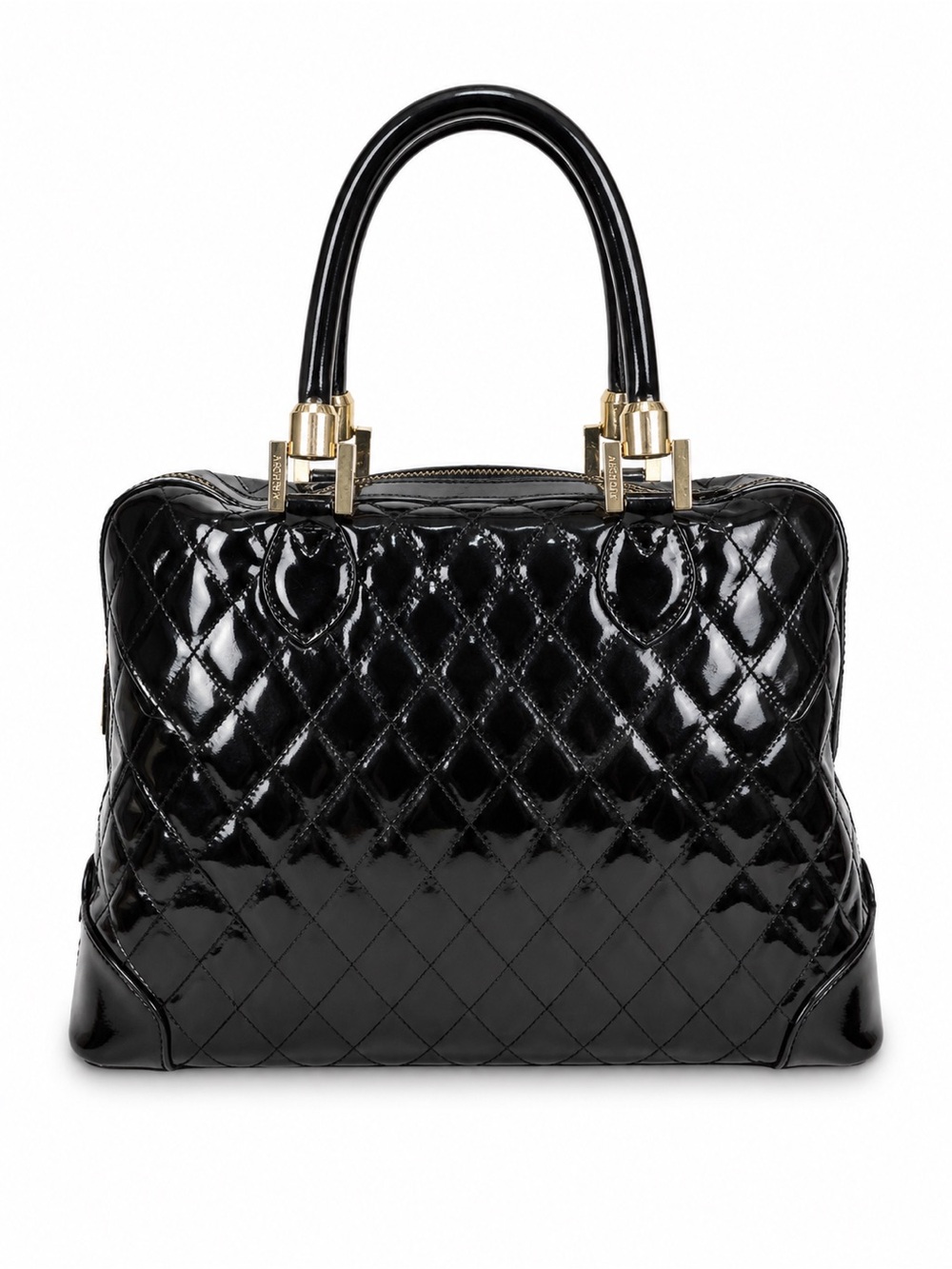 Arcadia Handbag Black Quilted Patent Leather Satchel Purse Made In Italy Medium
